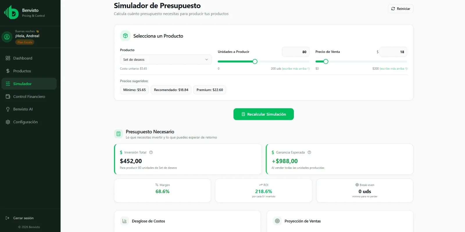 Proyecta inversión, ingresos y ganancias antes de producir.